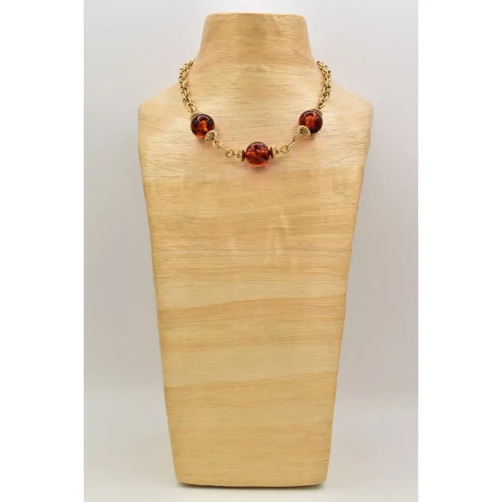 Vintage Collar Necklace Tortoise Station Gold Tone Chain Chunky 1980s BinBJ